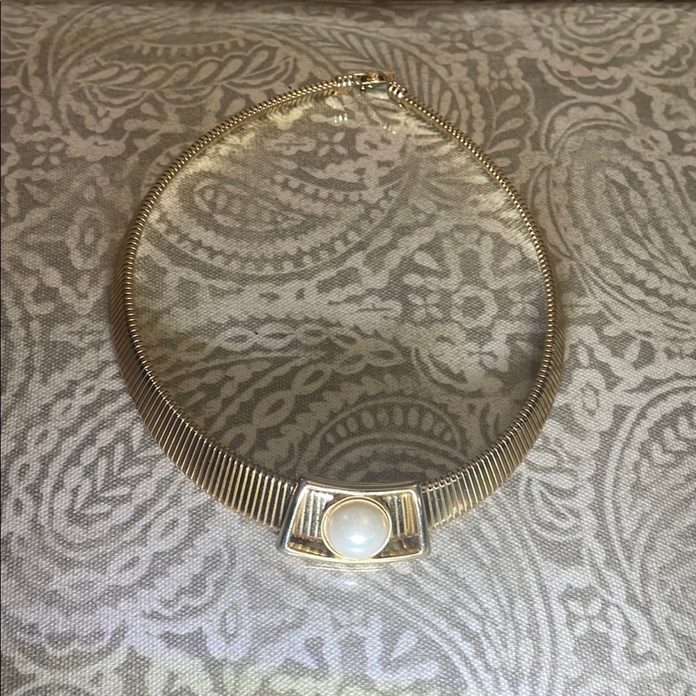 VTG MCM Park Lane Signed Gold‎ Tone Chain Choker Necklace Faux Pearl Slide 17”